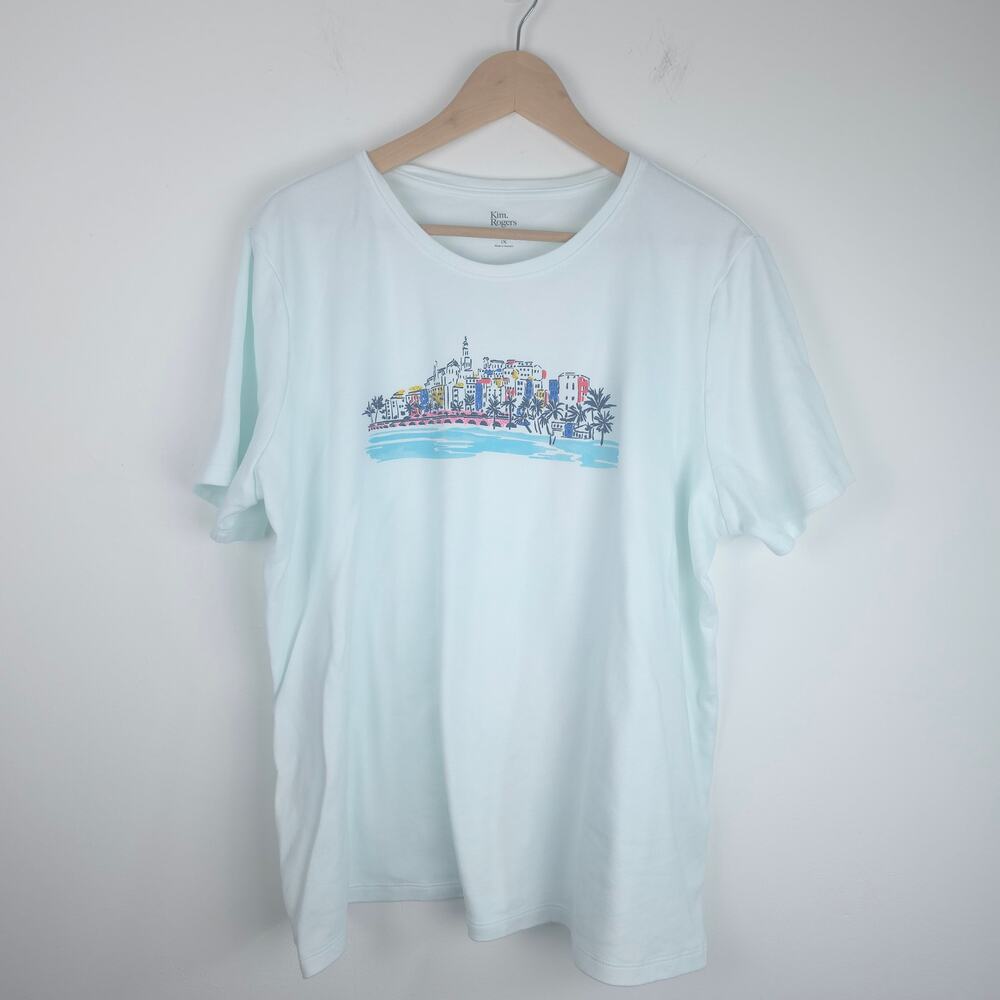 Kim Rogers Pale Green Short Sleeve Crew Neck Tee City Scape Size 1X